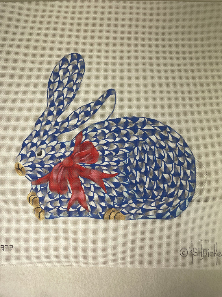 * Kate Dickerson SST332 Herend Inspired Fishnet Crouching Blue Bunny with Red Bow