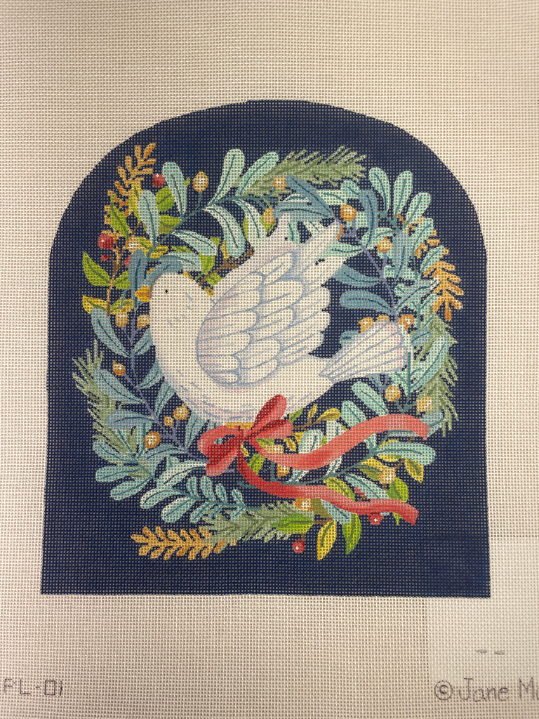 Kate Dickerson Needlepoint JAM PL01 Dove with Winter Greenery on Night Sky