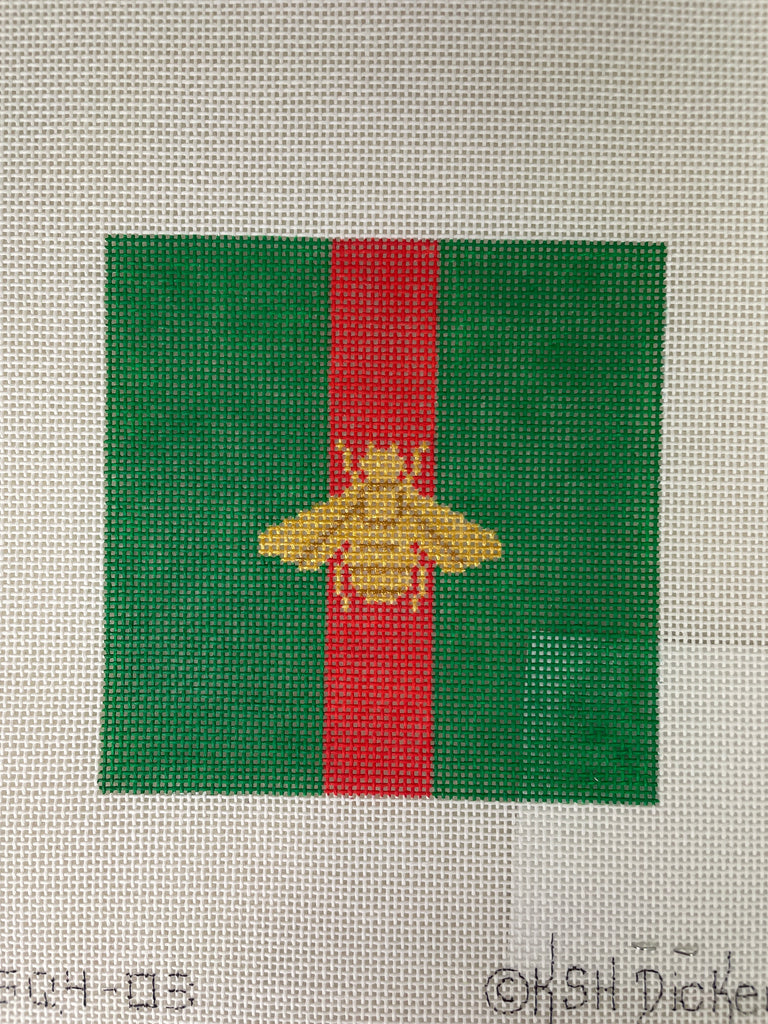 Kate Dickerson Needlepoint INSSQ4-03 Gucci Inspired Gold Bee on Green with Red Stripe