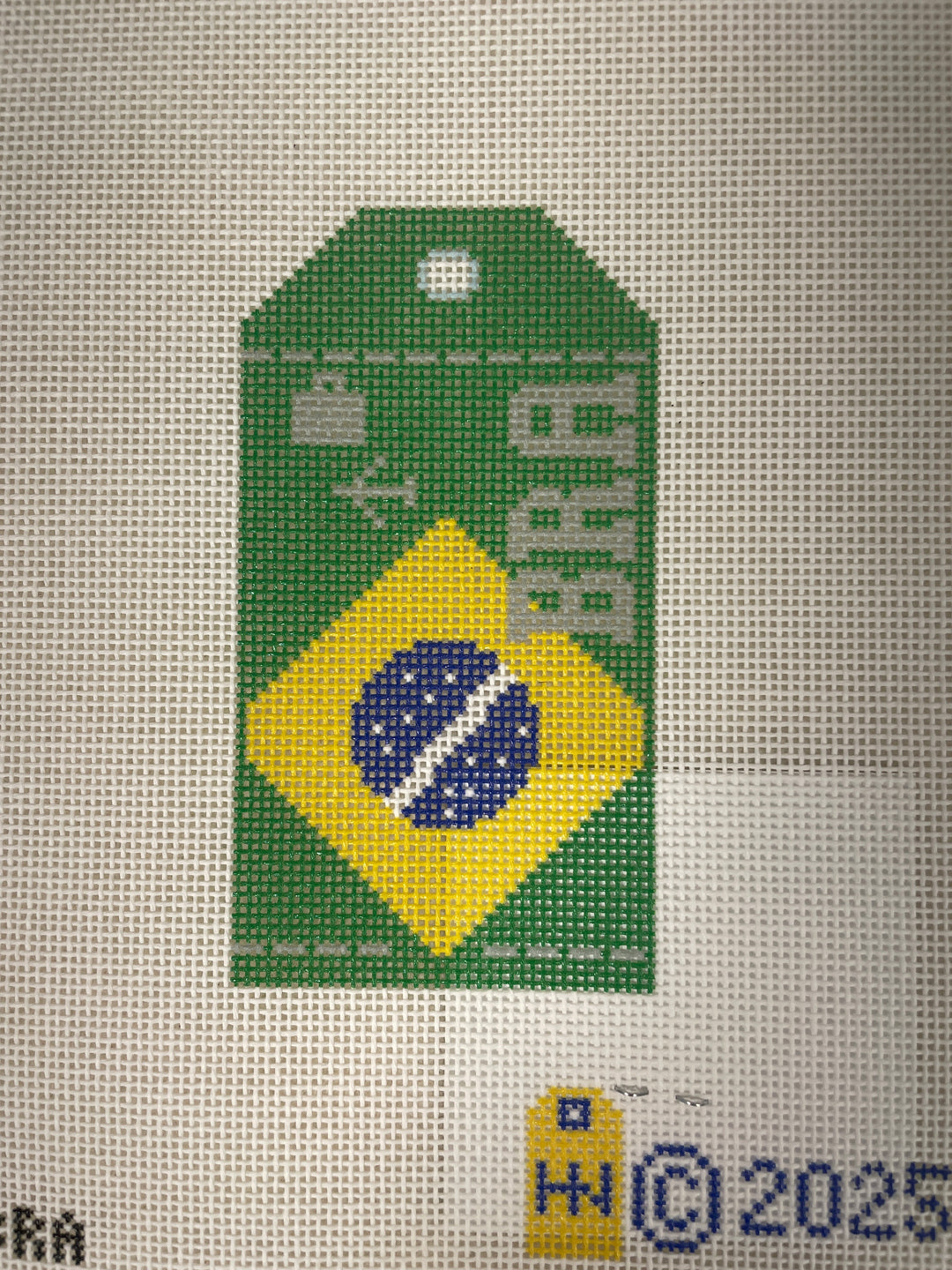 * Hedgehog Needlepoint Brazil Wee Flag Travel Tag