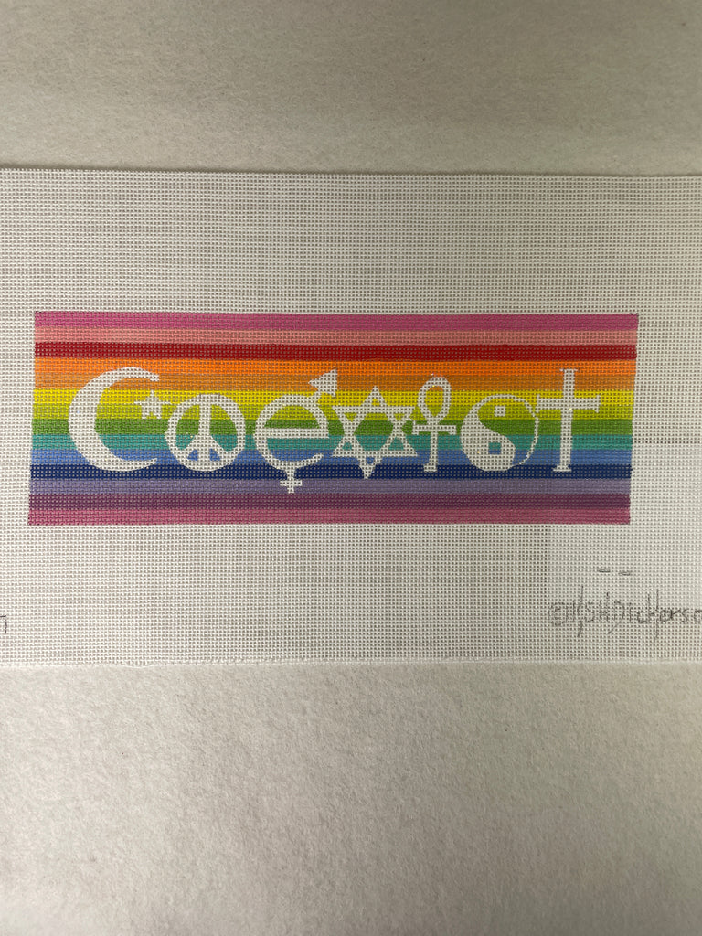 * Kate Dickerson SS237 Coexist- International Symbols on Sparkly White on Rainbow Stripes