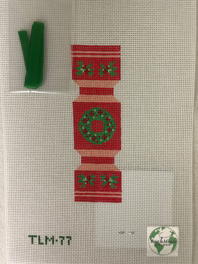 * Tout Le Monde Needlepoint TLM77 Christmas Cracker- Wreath and Holly Red (w/ green ribbon)