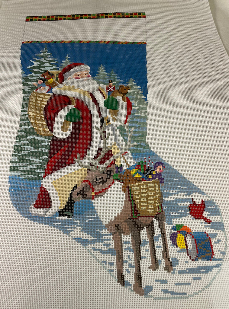 * Susan Roberts Needlepoint 0156 Santa Reindeer and Toy Baskets Stocking- 13m