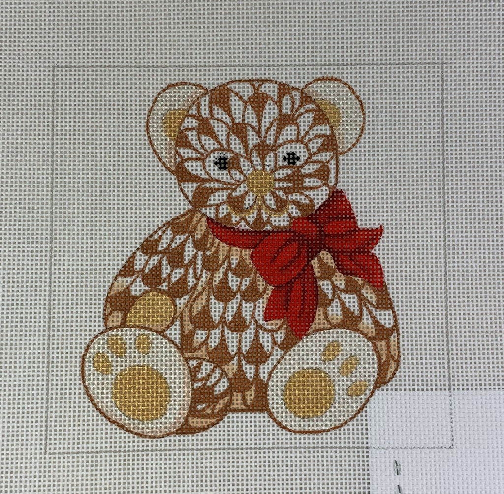 * Kate Dickerson Needlepoint INS-01 Teddy Bear With Bow - Brown