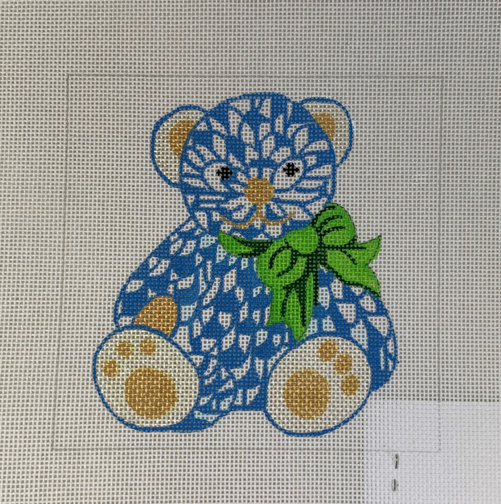 Kate Dickerson Needlepoint INS-03 Teddy Bear with Bow - Blue