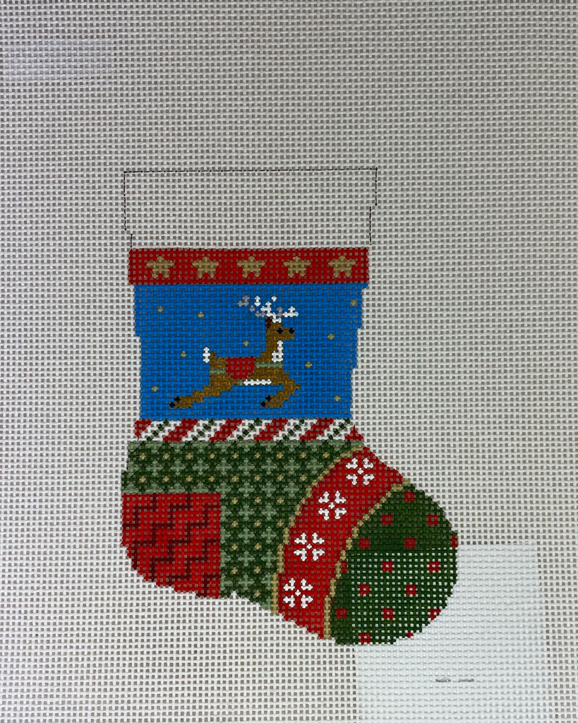 Susan Roberts Needlepoint 5453 Patchwork Reindeer Mini Stocking
