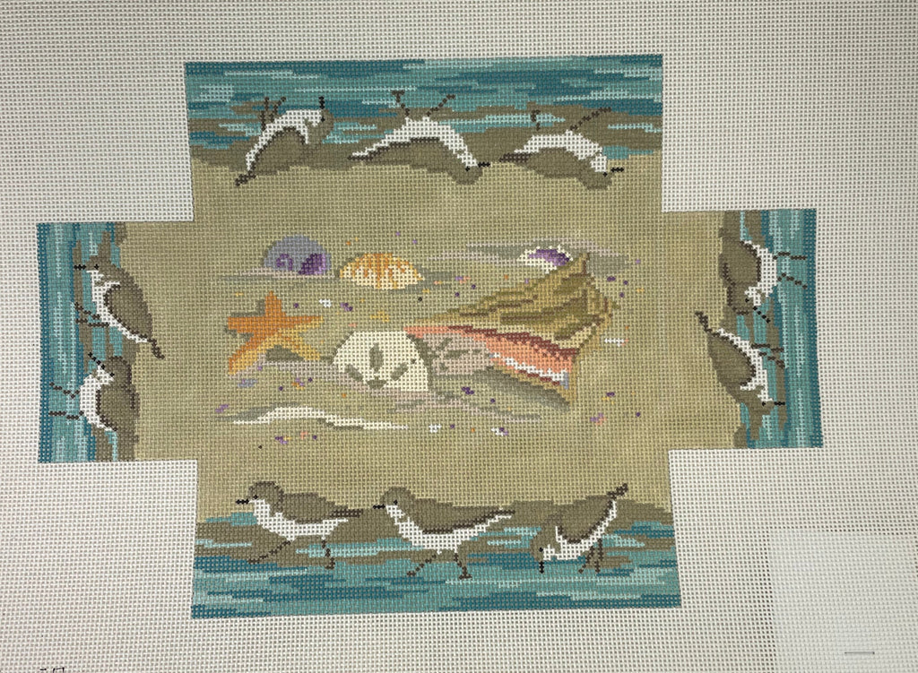 * Susan Roberts Needlepoint 0366 Sandpipers and Seashells Brick Cover 13m