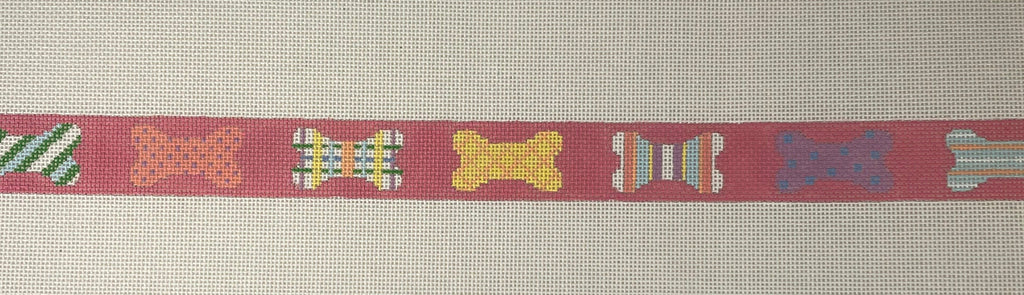 * Susan Roberts Needlepoint 1940 Patchwork Bones Dog Collar, Pink- 18m
