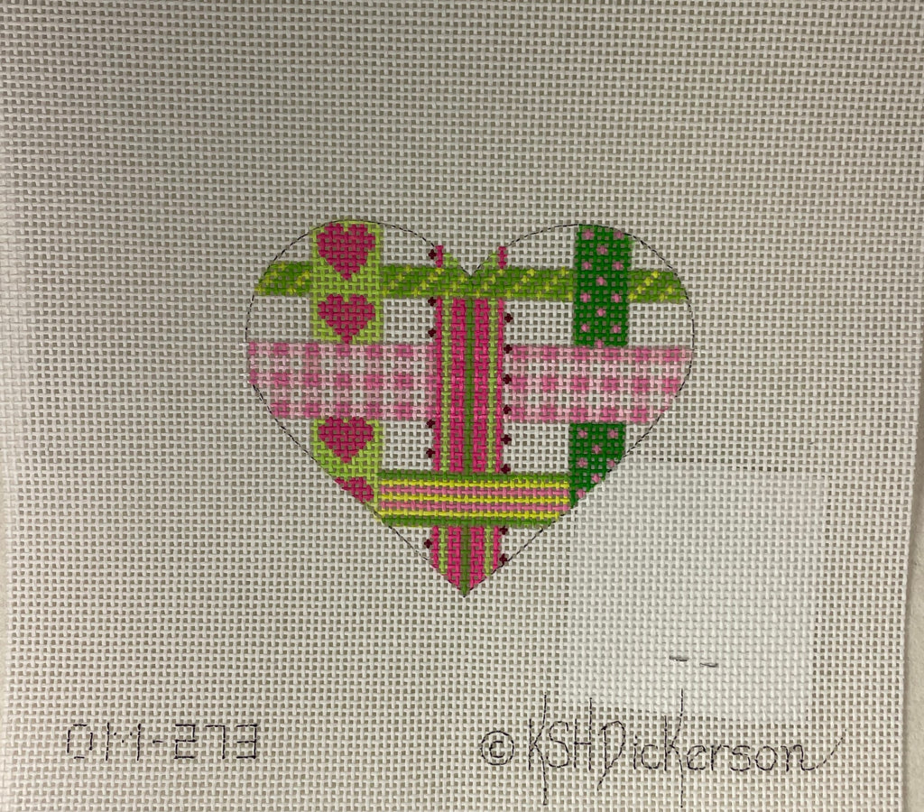 Kate Dickerson OM-273 Mini Heart- woven ribbons, pinks and greens