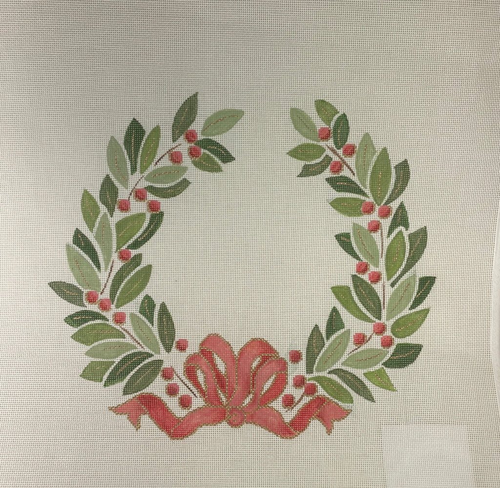 * CanvasWorks Traditions W5A Olive Leaves Wreath with Coral Ribbon